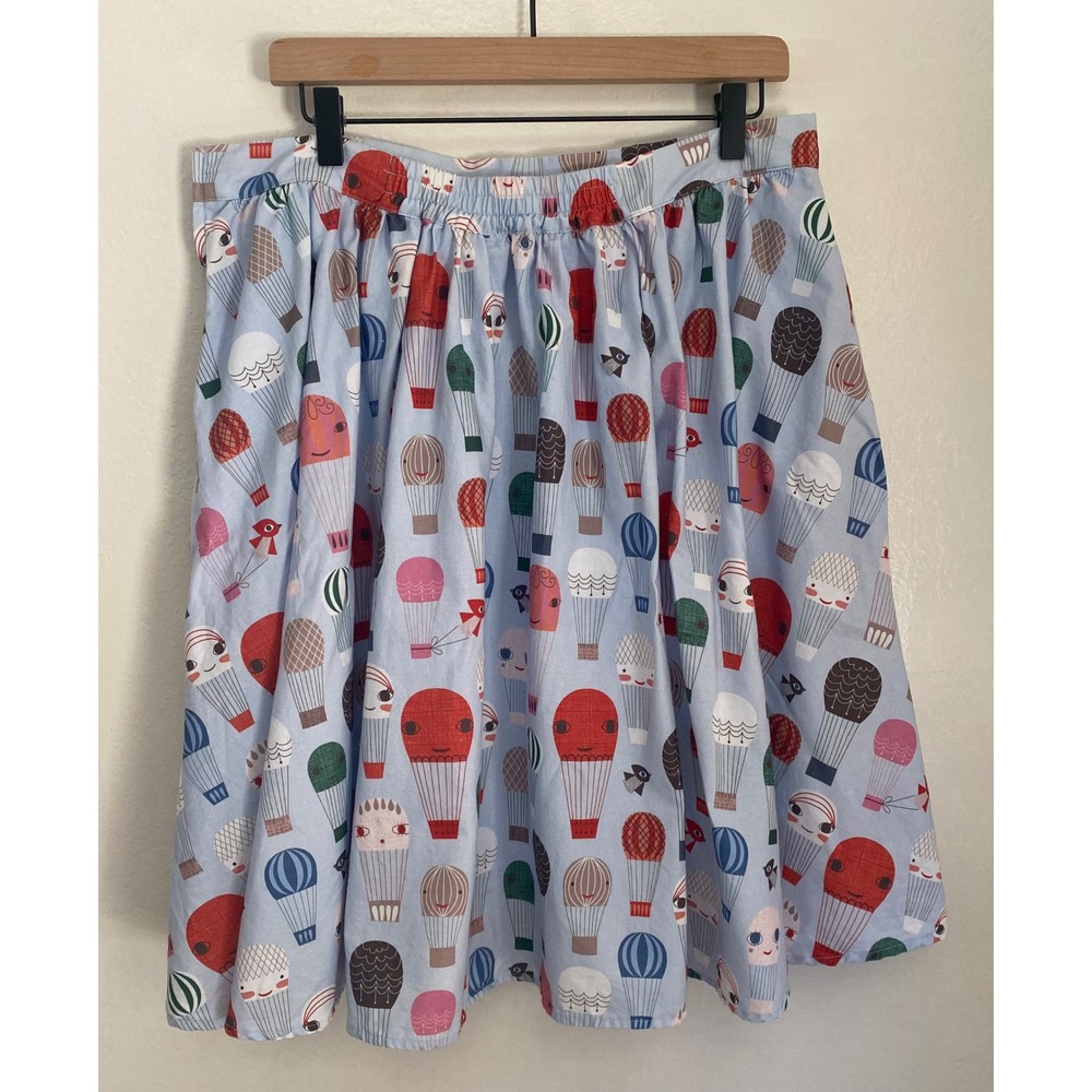 ModCloth Hot Air Balloon Print A-Line Skirt Blue Cotton XL Pocket Retro Style - Picture 3 of 14
